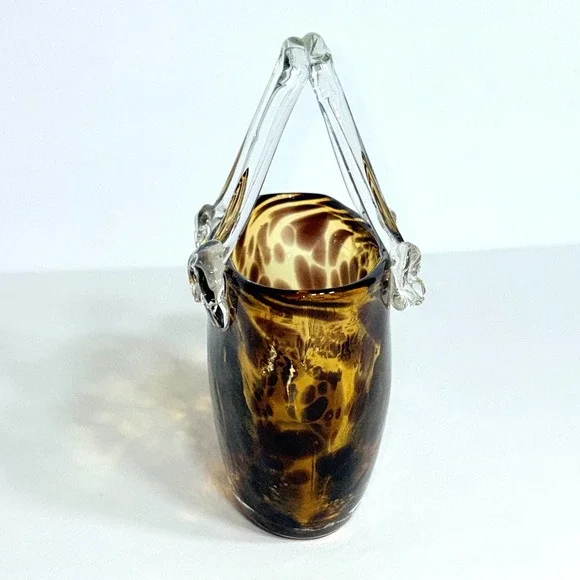 Hand Blown Murano Style Vintage Glass Purse Vase Leopard Spot Amber 7" Art - Picture 3 of 13
